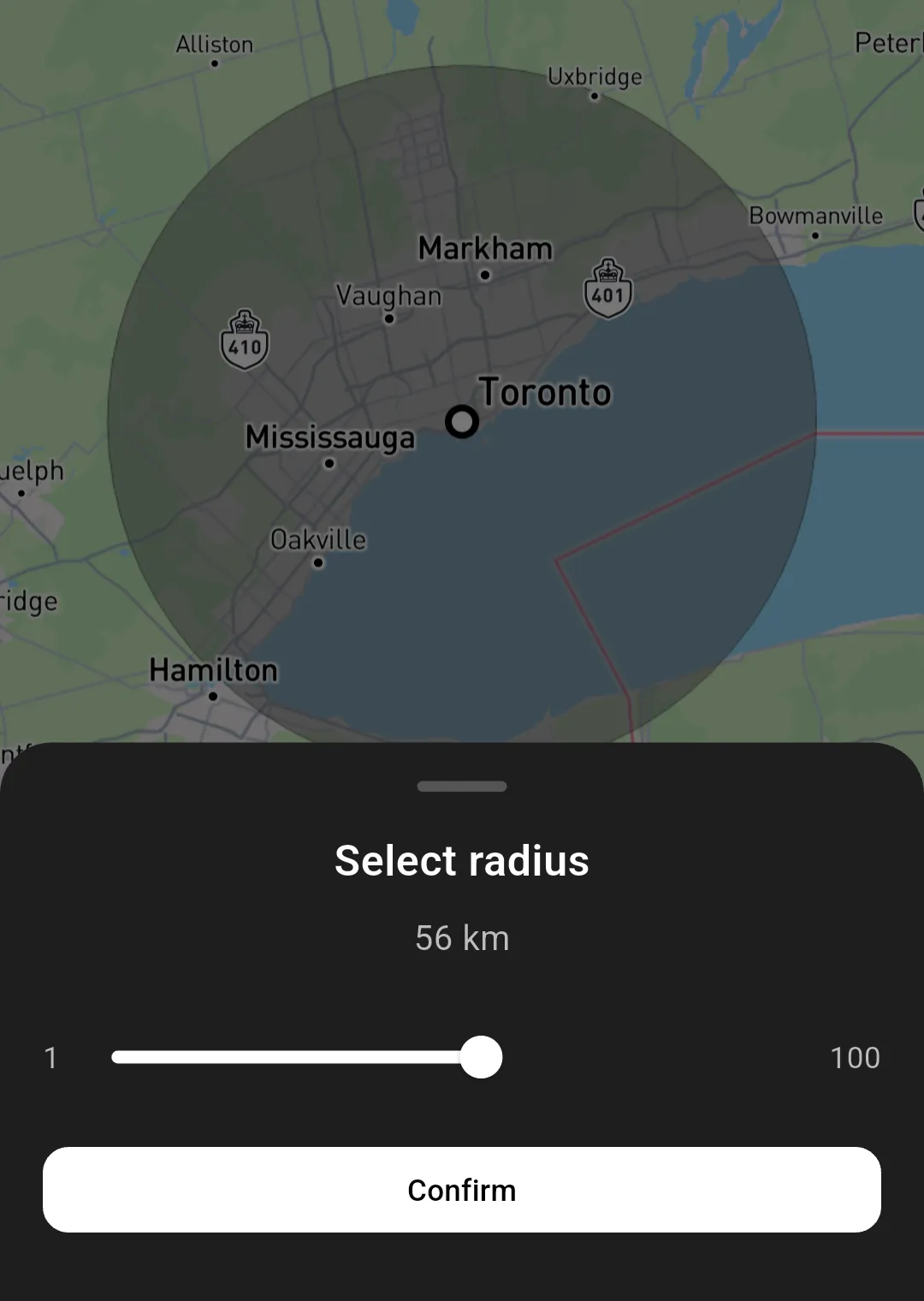 Selecting a 56 km search radius on a map of the Toronto area